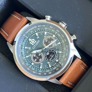 Citizen Black and Brown Chronograph Watch with Leather Strap